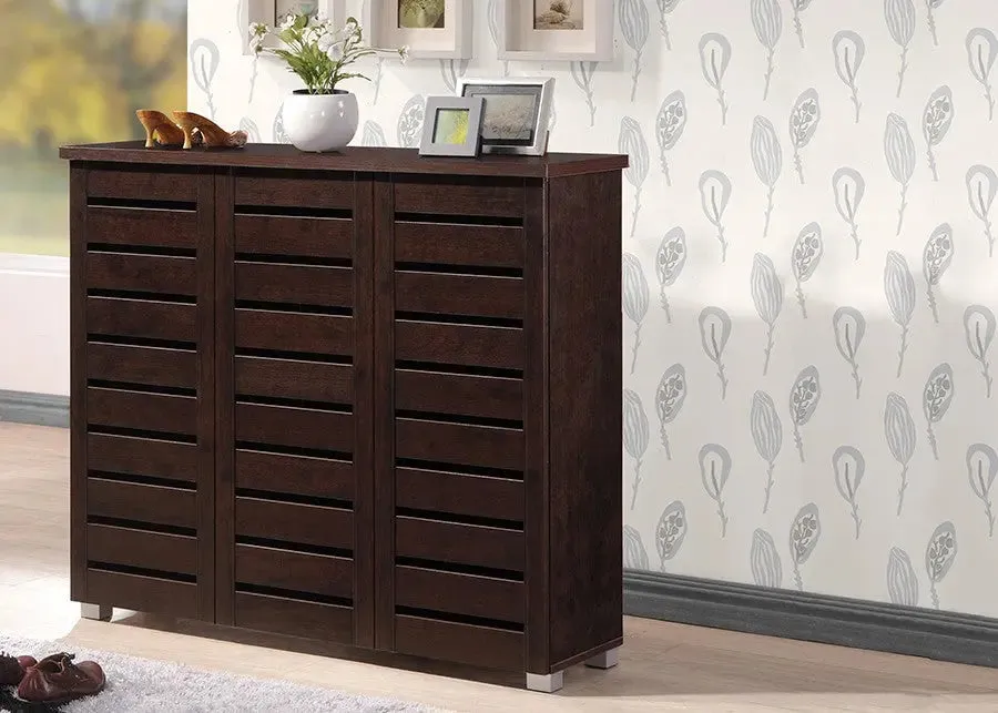 Adalwin 3-Door Dark Brown Wooden Entryway Shoes Storage Cabinet