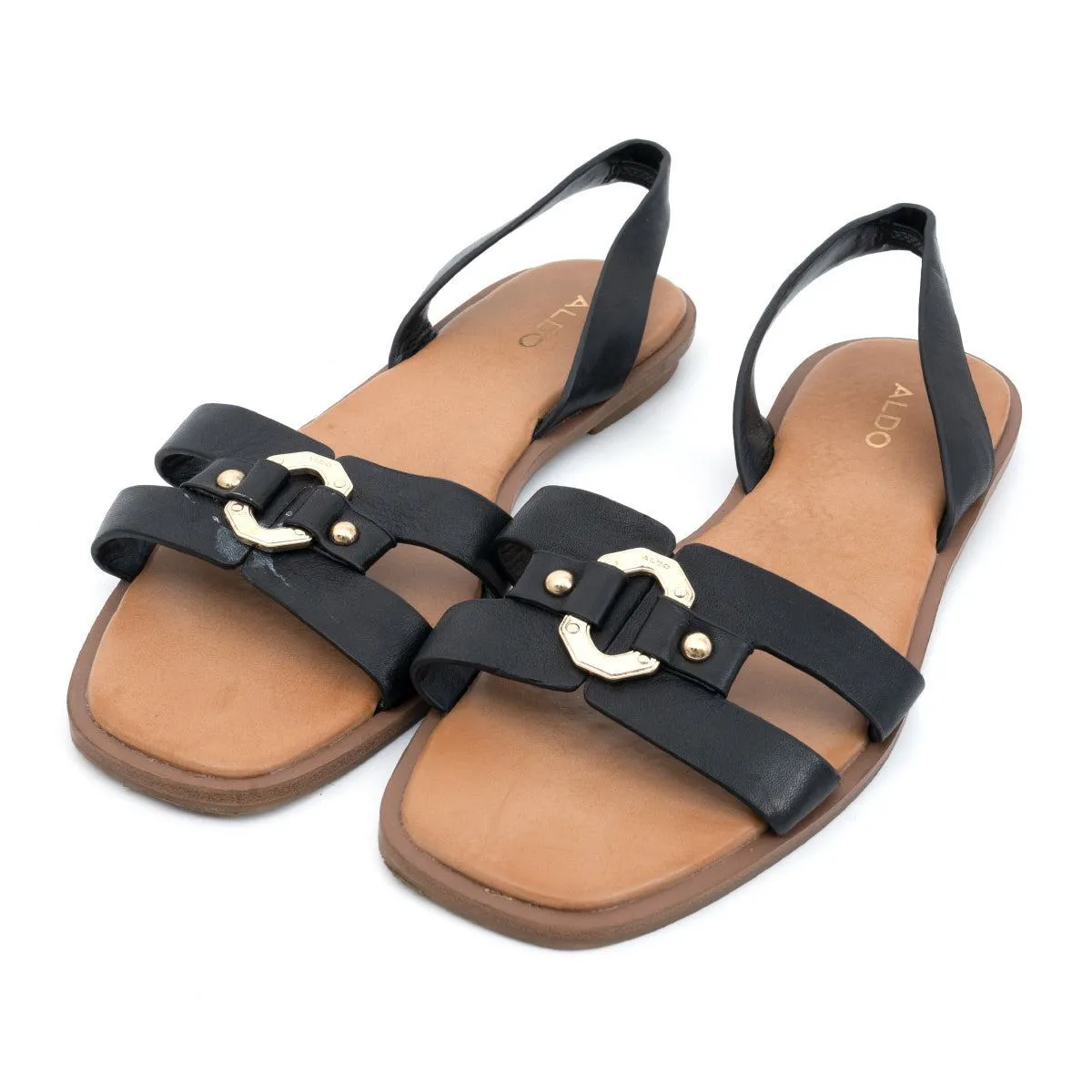 Aldo Slingback Flat Sandals Leather Black Colour For Women