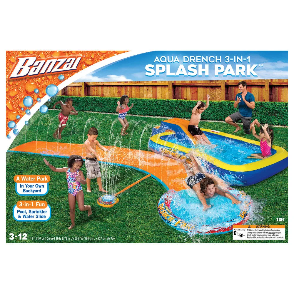 Banzai Aqua Drench 3-In-1 Splash Park with Pool, Sprinkler, and Waterslide