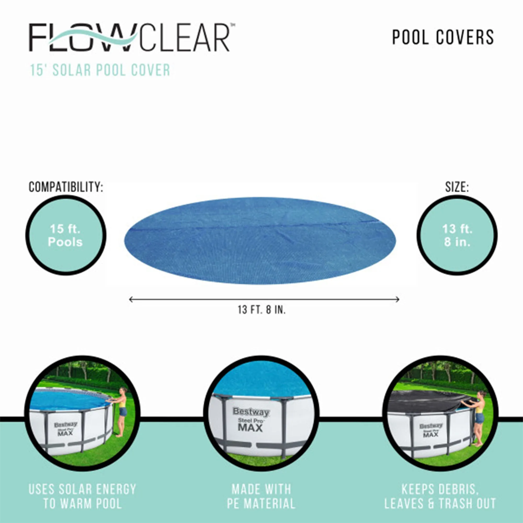 Bestway Flowclear 14 Feet Round Above Ground Pool Solar Pool Cover Only, Blue