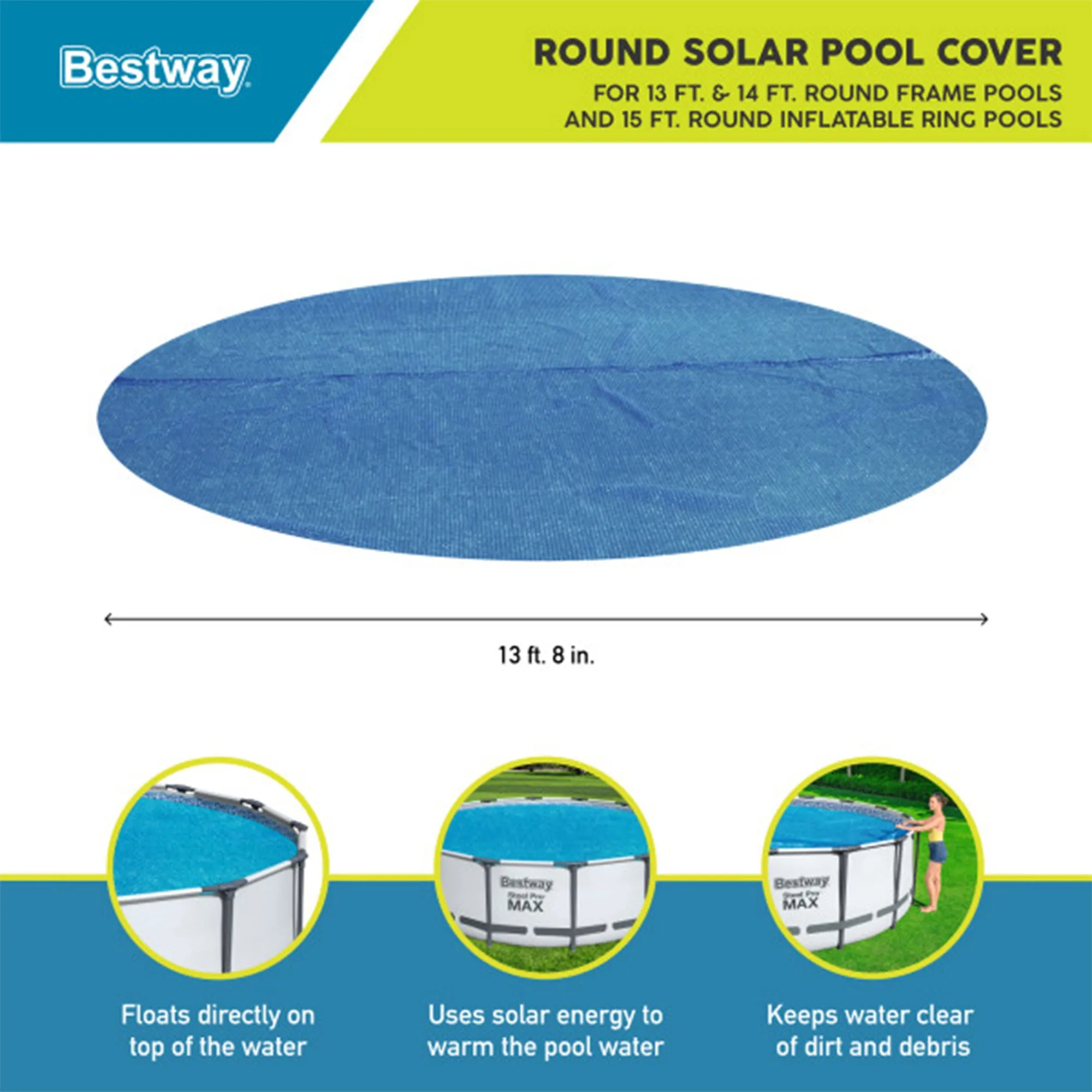 Bestway Flowclear 14 Feet Round Above Ground Pool Solar Pool Cover Only, Blue