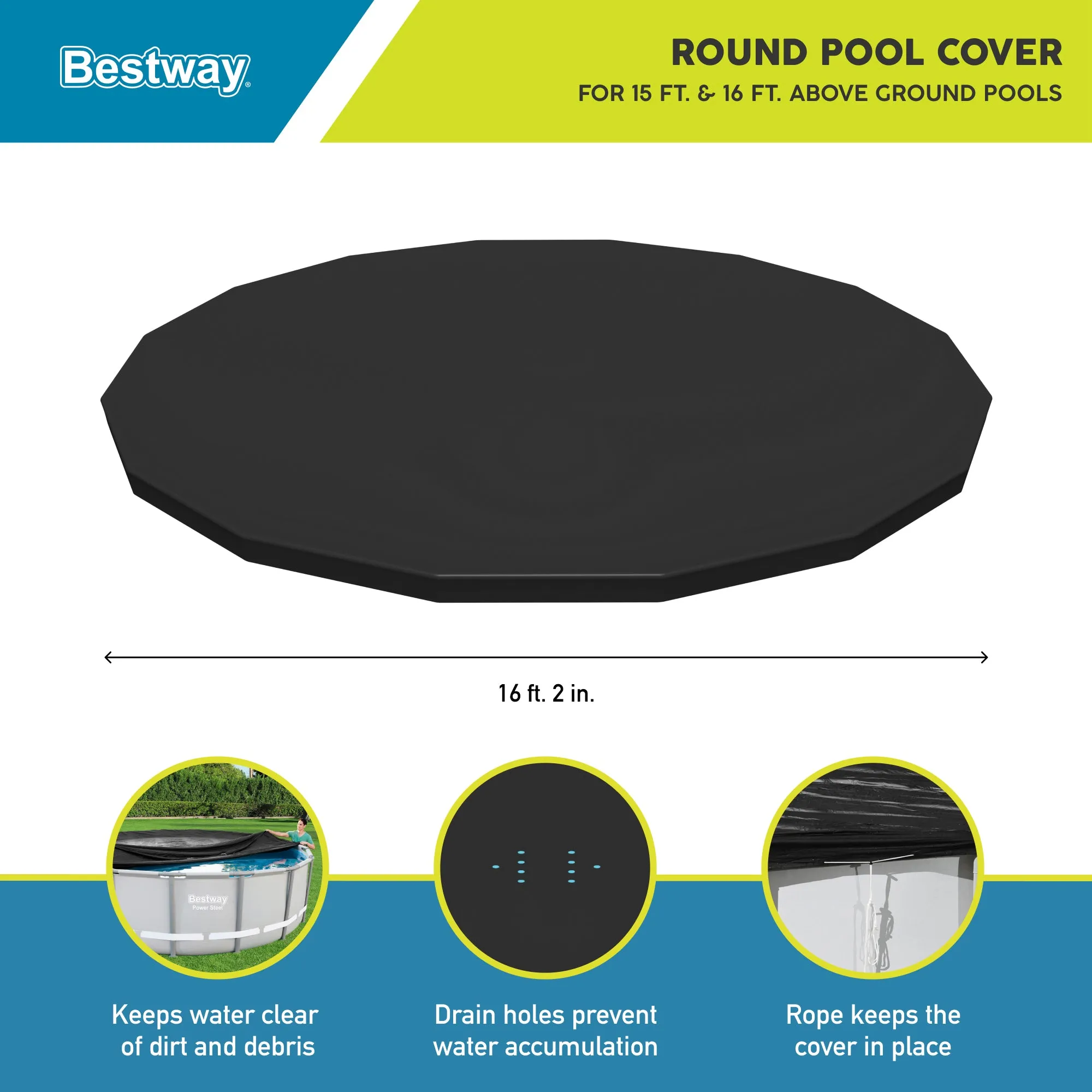 Bestway Round PVC 16' Pool Cover for Above Ground Pro Frame Pools (Cover Only)