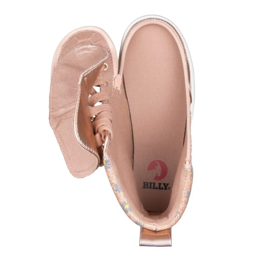 Billy Footwear (Kids) - High Top Rose Gold Daisy Faux Leather Shoes