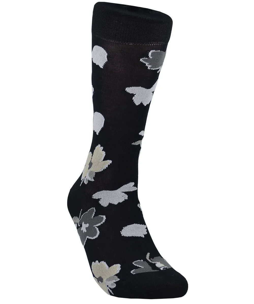 Black Floral Cotton Dress Socks By Paul Malone