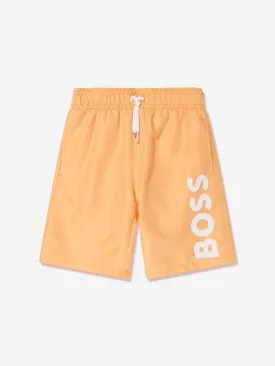 BOSS Boys Logo Print Swim Shorts in Orange