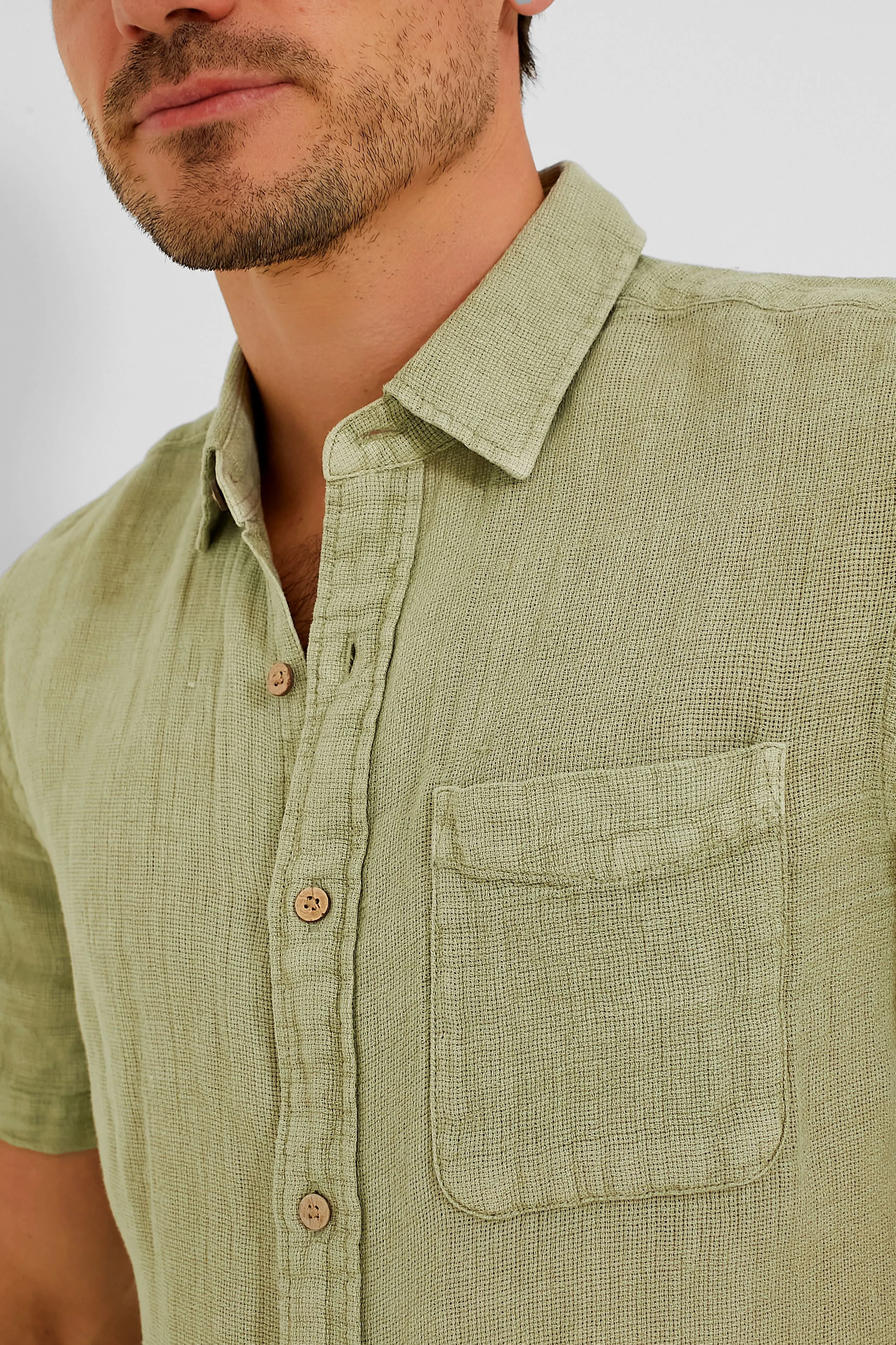 Canyon Olive Basketweave Shot Sleeve Palma Linen Shirt