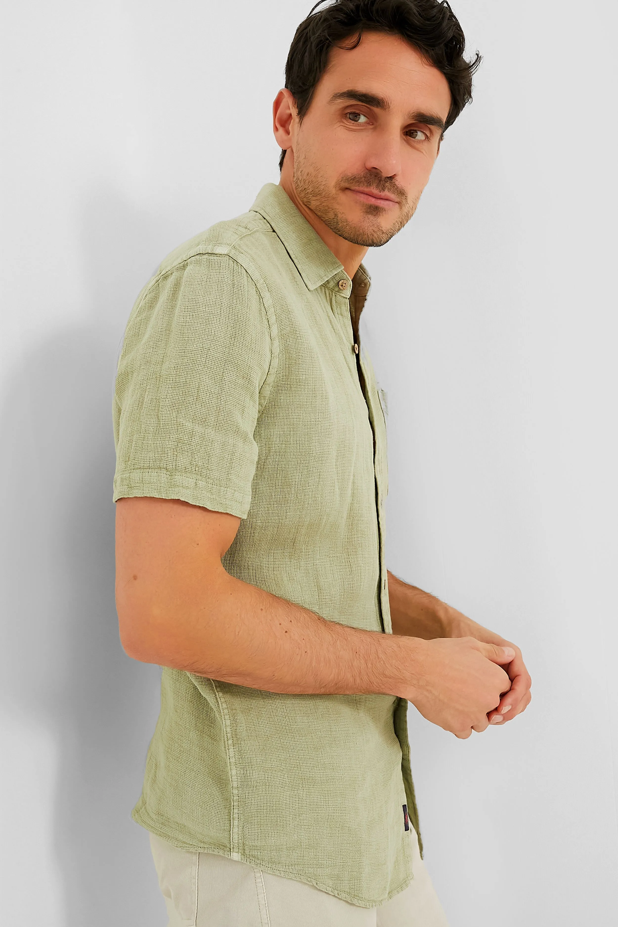 Canyon Olive Basketweave Shot Sleeve Palma Linen Shirt