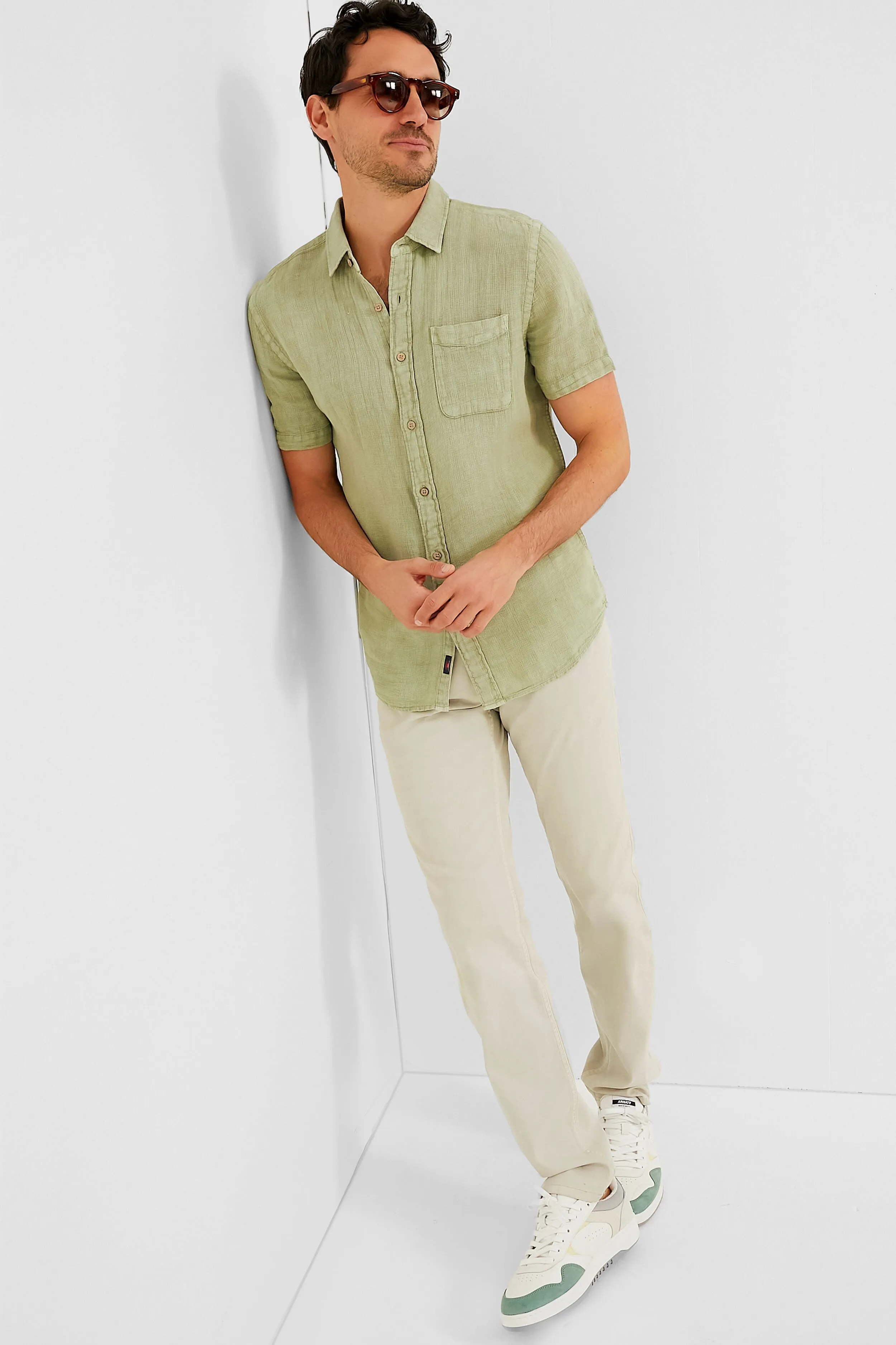 Canyon Olive Basketweave Shot Sleeve Palma Linen Shirt