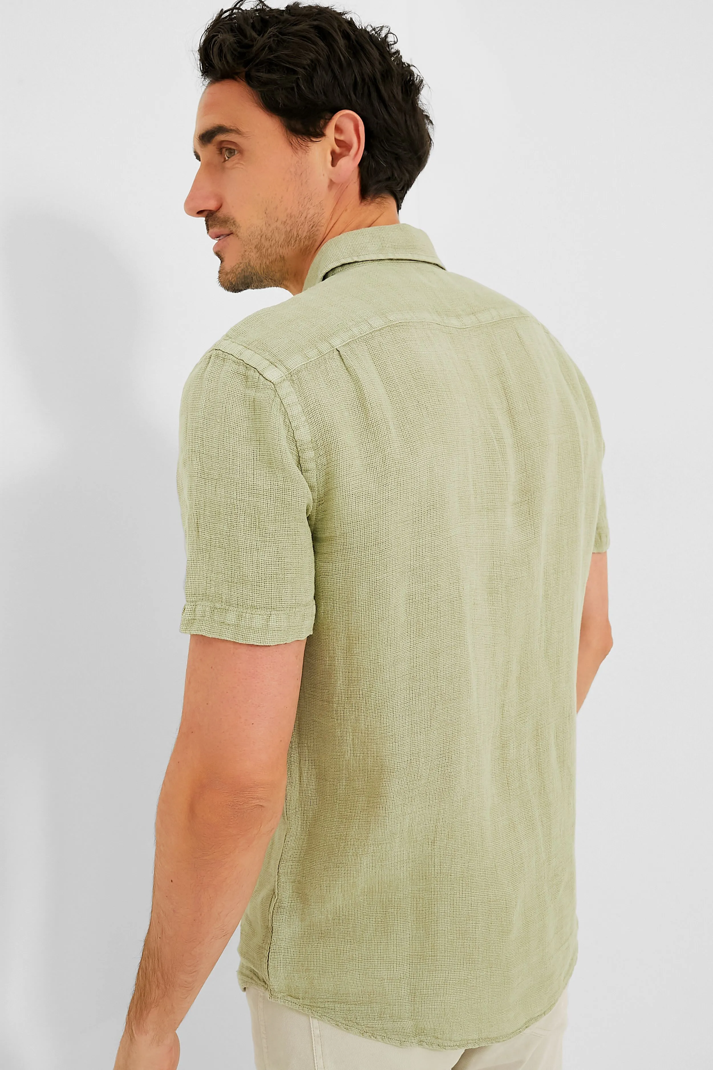 Canyon Olive Basketweave Shot Sleeve Palma Linen Shirt