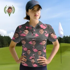 Custom Face Women Polo Shirts Personalised Flamingo and Monstera Leaves