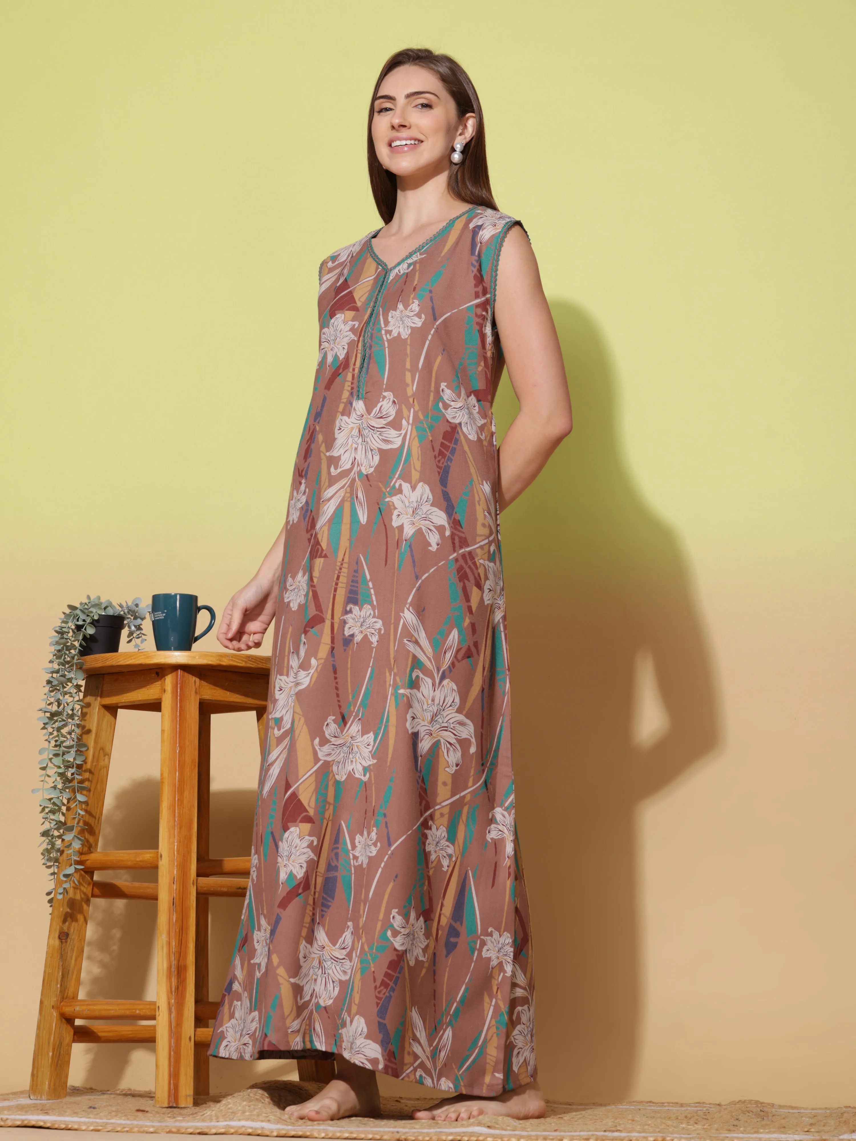 Dreamy Tan Alpine Sleeveless Nighty - Stylish & Practical