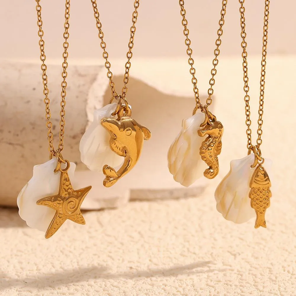 Gold Seashell and Starfish Necklace – Trendy Coastal Jewelry