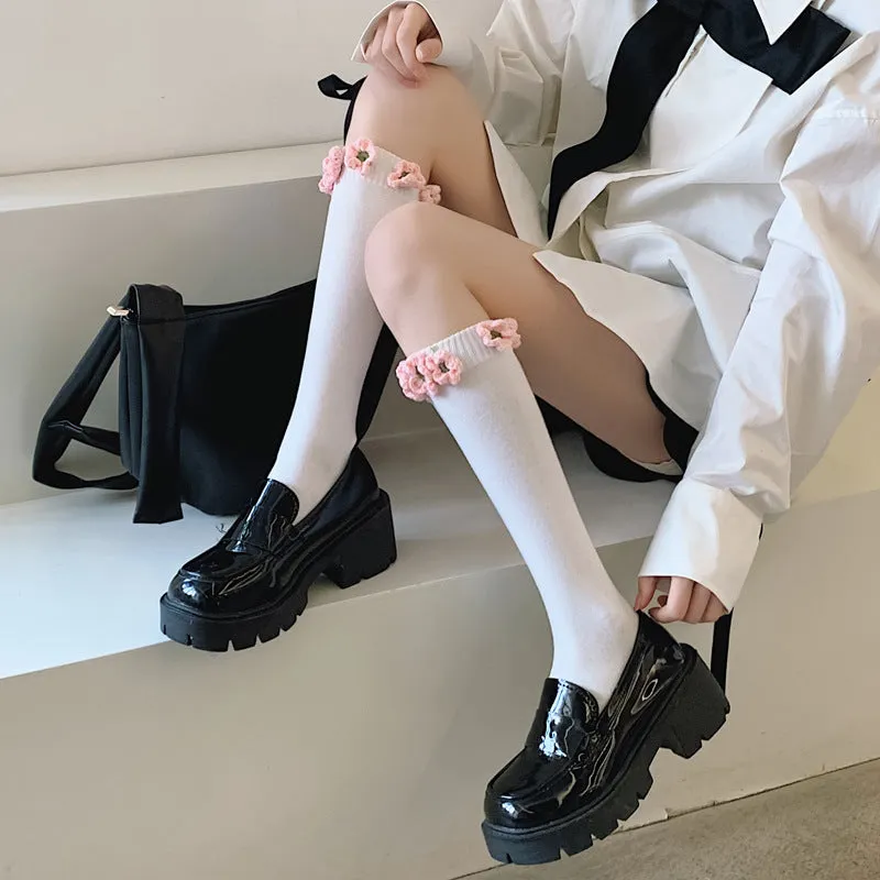 Handmade Flowers Calf Socks Women's Cotton Long Tube Internet Celebrity INS Tide High Tube JK Knee-length Calf Socks