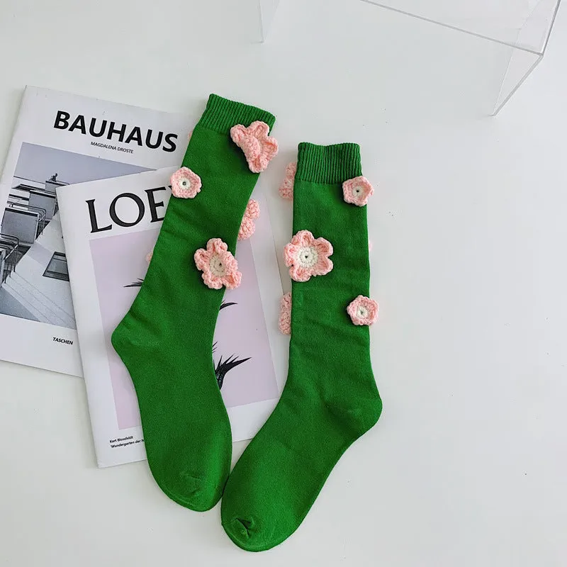 Handmade Flowers Calf Socks Women's Cotton Long Tube Internet Celebrity INS Tide High Tube JK Knee-length Calf Socks