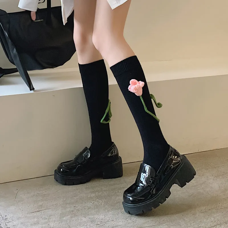 Handmade Flowers Calf Socks Women's Cotton Long Tube Internet Celebrity INS Tide High Tube JK Knee-length Calf Socks