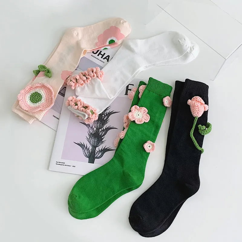 Handmade Flowers Calf Socks Women's Cotton Long Tube Internet Celebrity INS Tide High Tube JK Knee-length Calf Socks