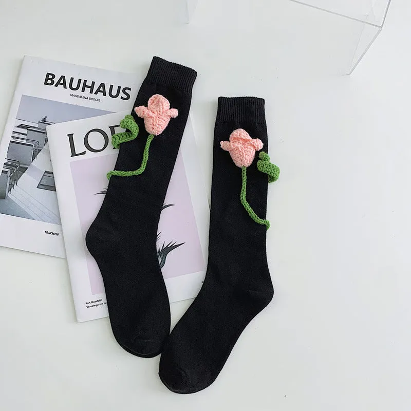 Handmade Flowers Calf Socks Women's Cotton Long Tube Internet Celebrity INS Tide High Tube JK Knee-length Calf Socks