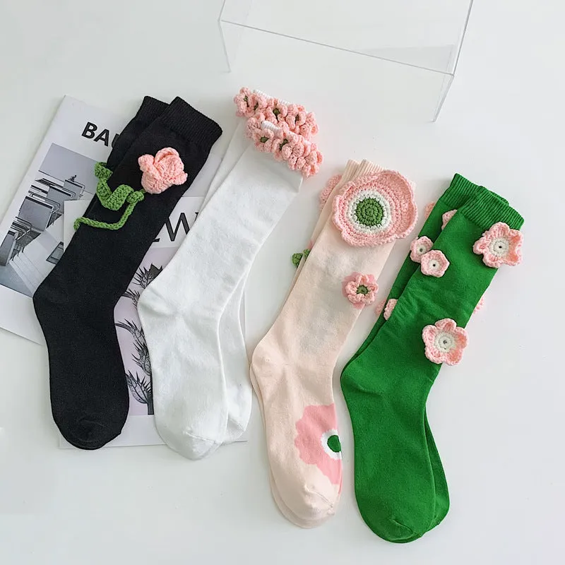 Handmade Flowers Calf Socks Women's Cotton Long Tube Internet Celebrity INS Tide High Tube JK Knee-length Calf Socks