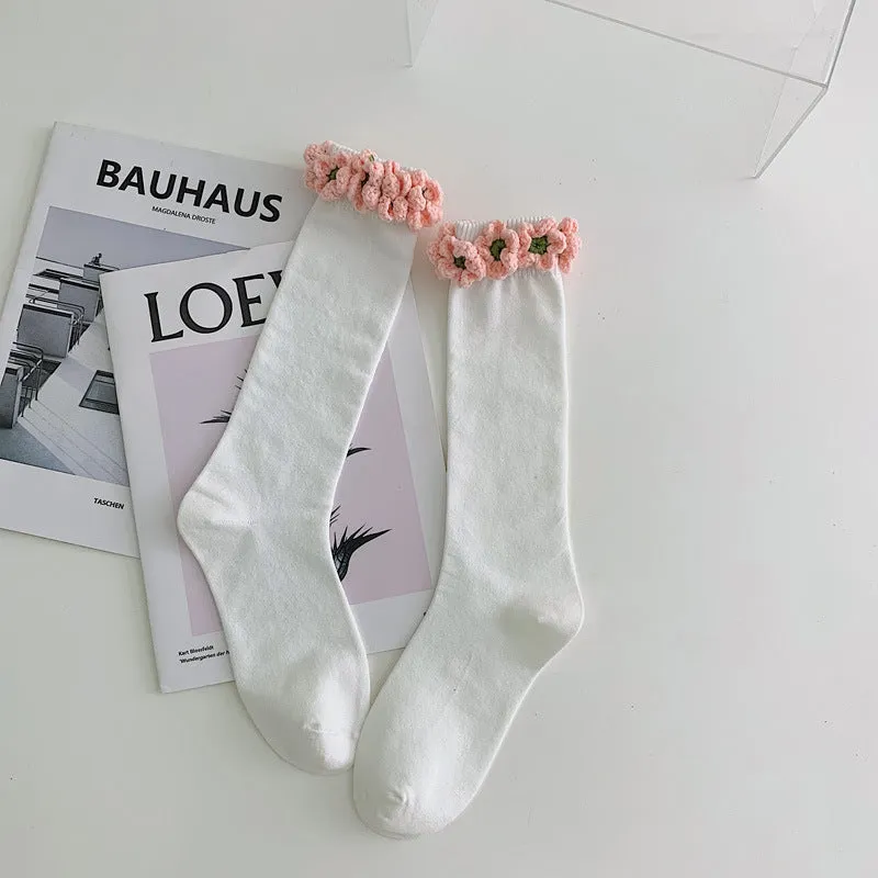 Handmade Flowers Calf Socks Women's Cotton Long Tube Internet Celebrity INS Tide High Tube JK Knee-length Calf Socks