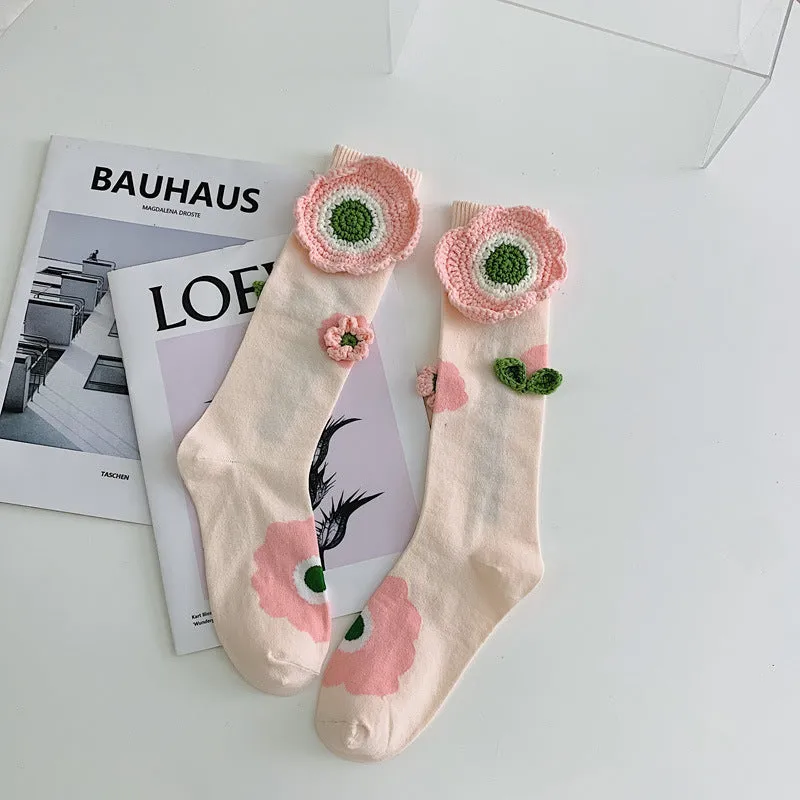 Handmade Flowers Calf Socks Women's Cotton Long Tube Internet Celebrity INS Tide High Tube JK Knee-length Calf Socks