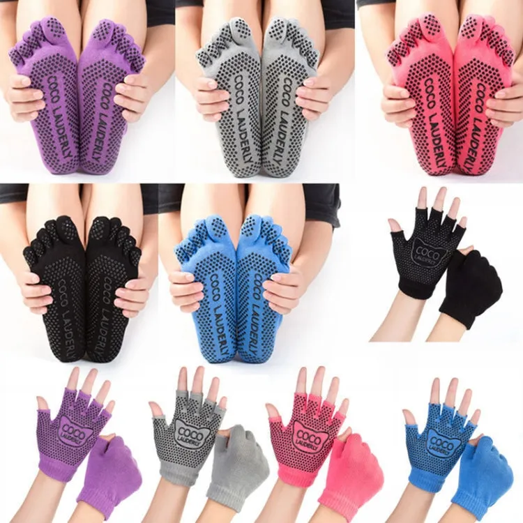 Non-slip Open Finger Yoga Sports Gloves Five Finger Yoga Socks Set, Size: One Size(Purple)