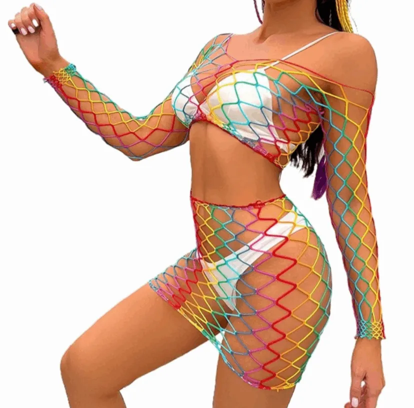 Rainbow Mesh Fishnet Rave Festival Outfit Swim Cover