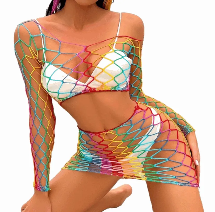 Rainbow Mesh Fishnet Rave Festival Outfit Swim Cover