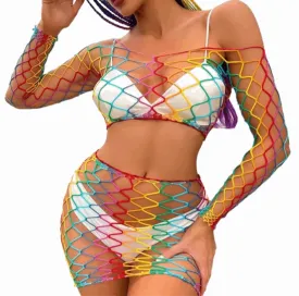 Rainbow Mesh Fishnet Rave Festival Outfit Swim Cover