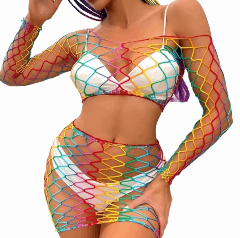 Rainbow Mesh Fishnet Rave Festival Outfit Swim Cover