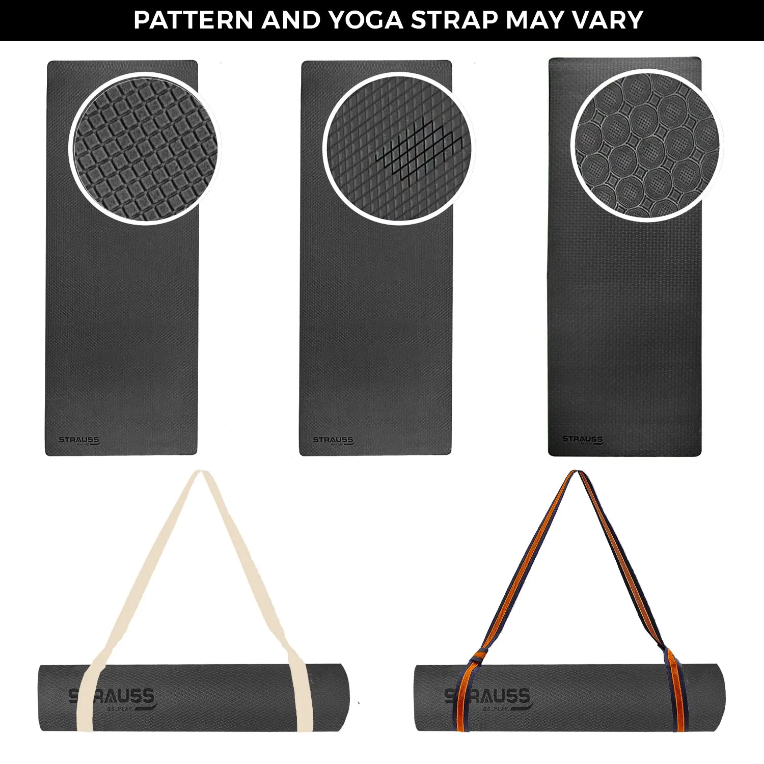 Strauss Anti Skid TPE Yoga Mat with Carry Strap, 6mm, (Black)