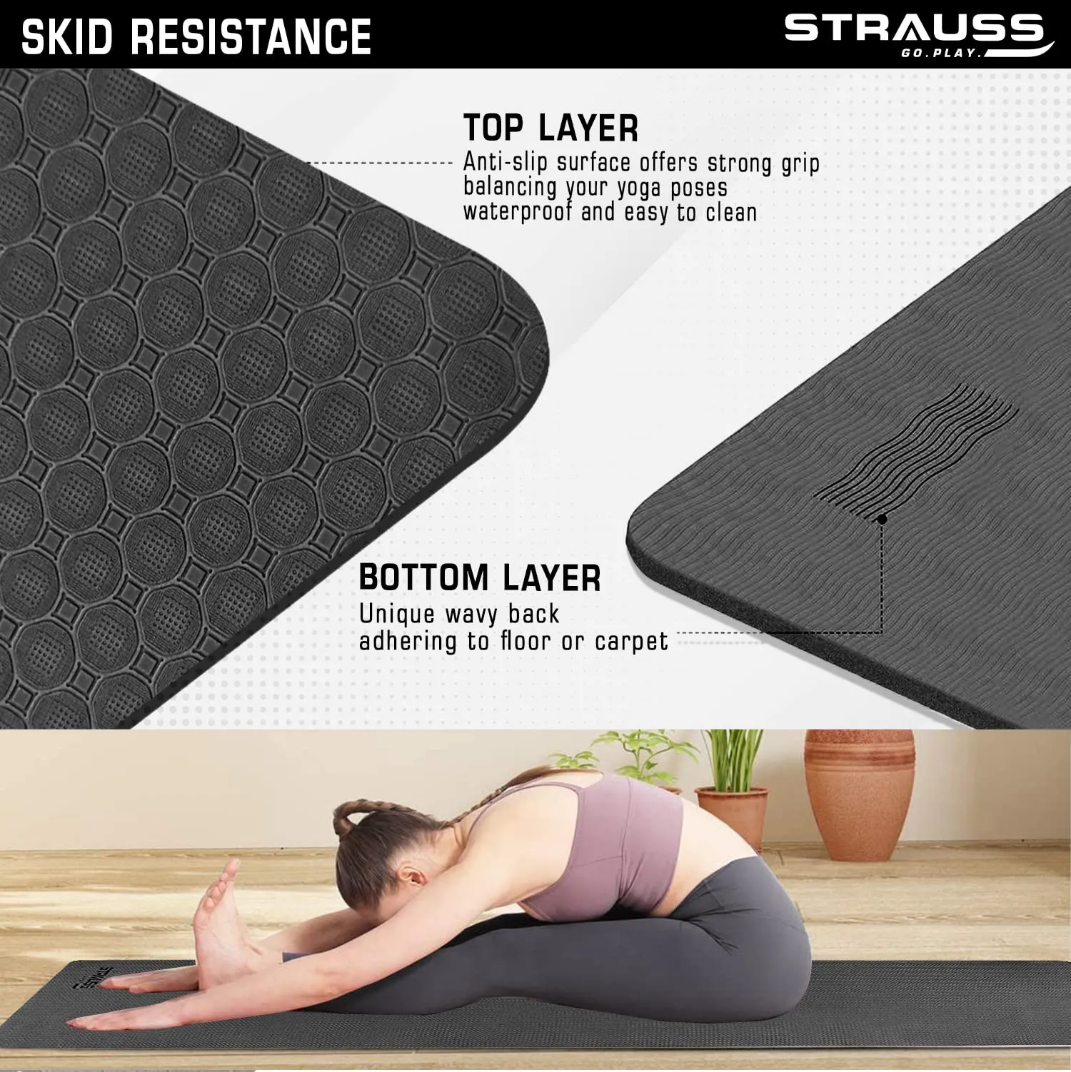 Strauss Anti Skid TPE Yoga Mat with Carry Strap, 6mm, (Black)