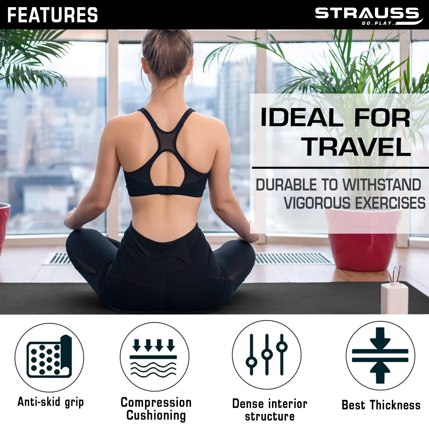 Strauss Anti Skid TPE Yoga Mat with Carry Strap, 6mm, (Black)