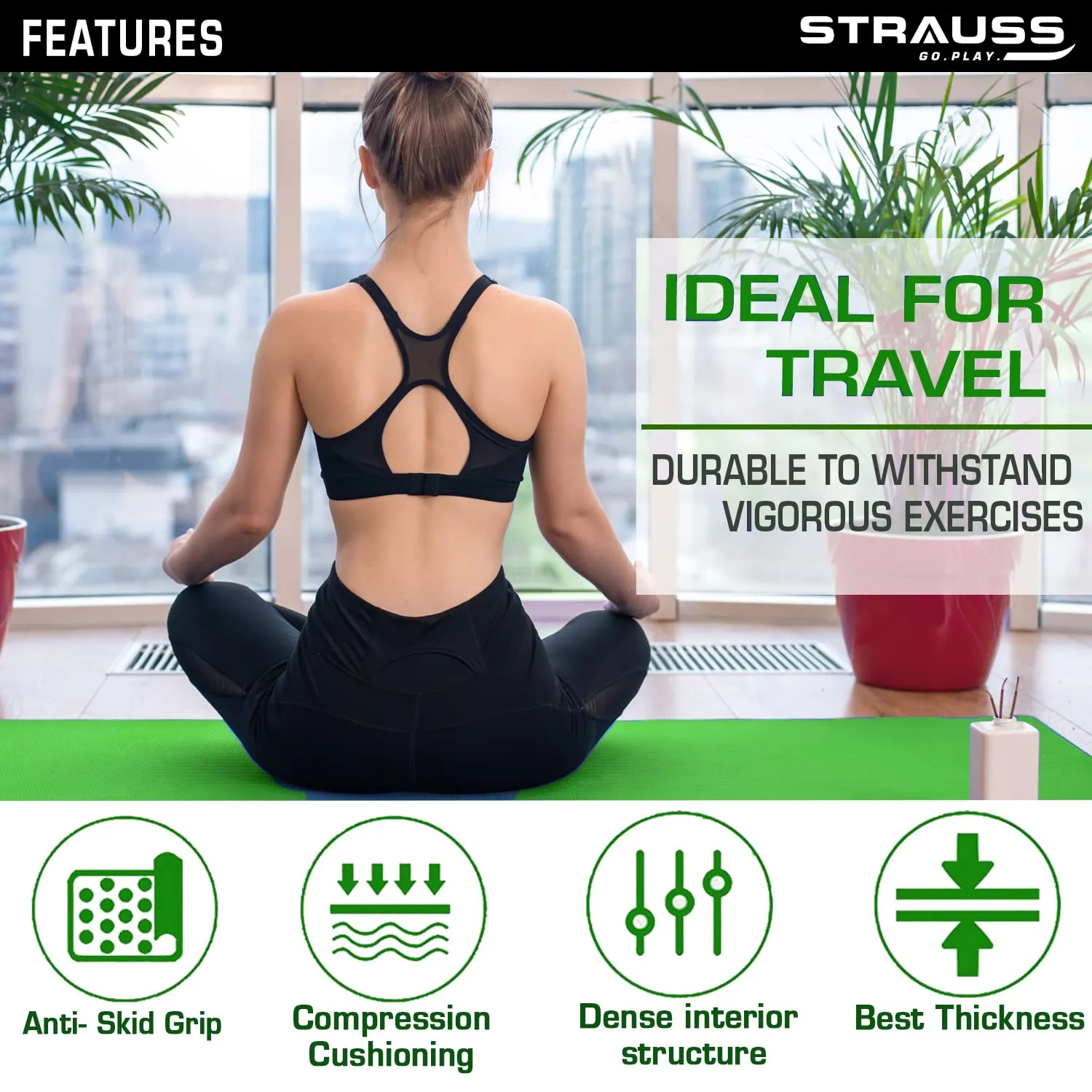 STRAUSS TPE Dual Layer Yoga Mat| Exercise Mat for Yoga,Pilates & Gym| Lightweight & Eco-Friendly Material | Yoga Mat for Women and Men |Ideal for Home Gym Workout |Includes Carry Bag | 4MM,(Green)