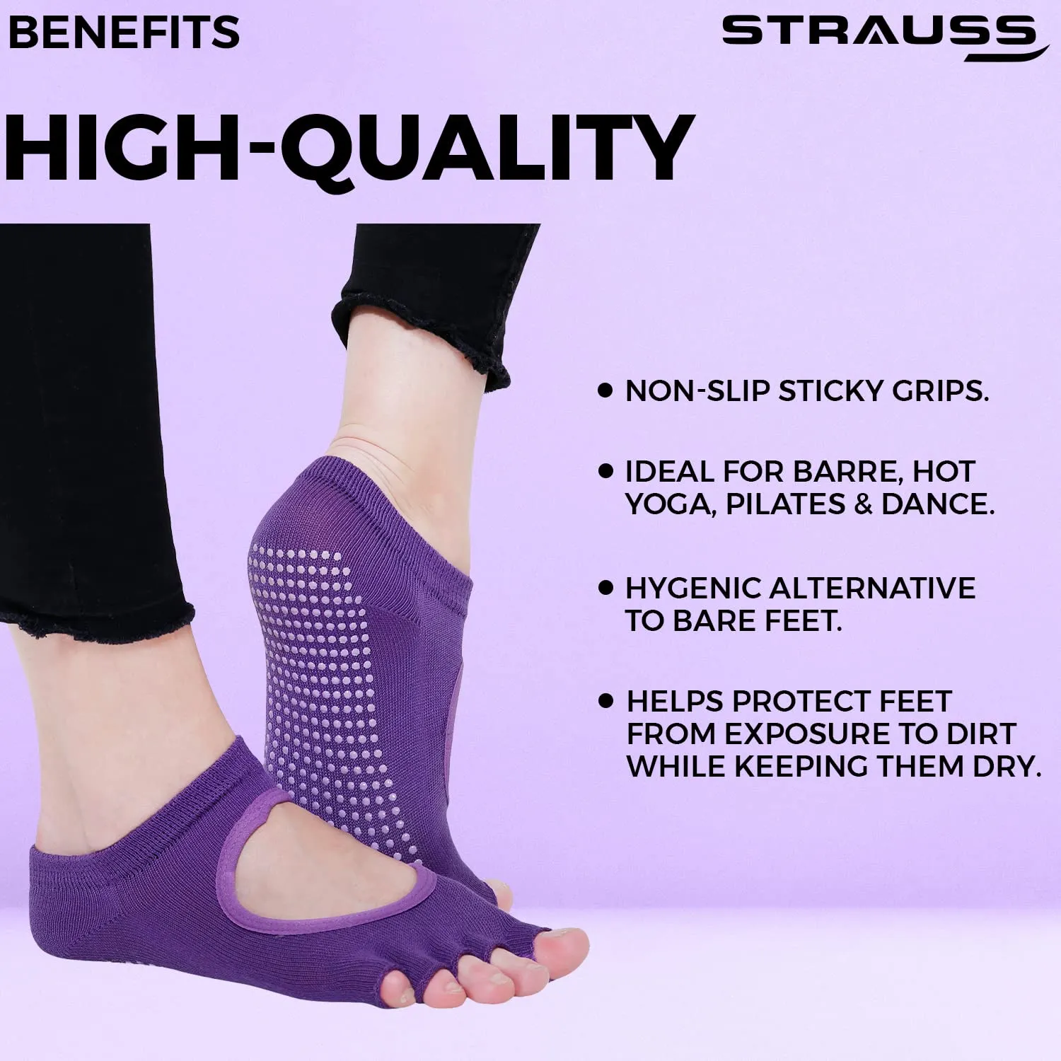 STRAUSS Women Yoga Socks | Anti Bacterial and Anti-Skid Yoga Socks | Suitable for Daily Use | Ideal for Pilates, Pure Barre, Ballet, Dance and Barefoot Workout,(Dark Purple)