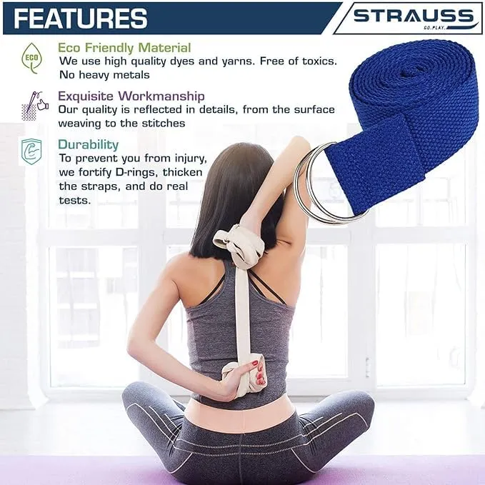 Strauss Yoga Strap & Stretching Belt | Ideal for Yoga, Pilates, Therapy, Dance, Gymnastics & Flexibility | 60% Thicker Belt with Extra Safe Adjustable Metal D-Ring Buckle | 8 feet (Blue) | Pack of 12