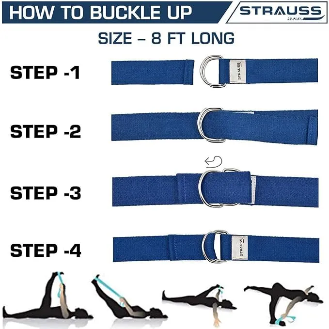 Strauss Yoga Strap & Stretching Belt | Ideal for Yoga, Pilates, Therapy, Dance, Gymnastics & Flexibility | 60% Thicker Belt with Extra Safe Adjustable Metal D-Ring Buckle | 8 feet (Blue) | Pack of 12