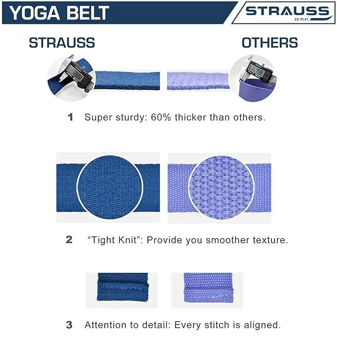 Strauss Yoga Strap & Stretching Belt | Ideal for Yoga, Pilates, Therapy, Dance, Gymnastics & Flexibility | 60% Thicker Belt with Extra Safe Adjustable Metal D-Ring Buckle | 8 feet (Blue) | Pack of 12