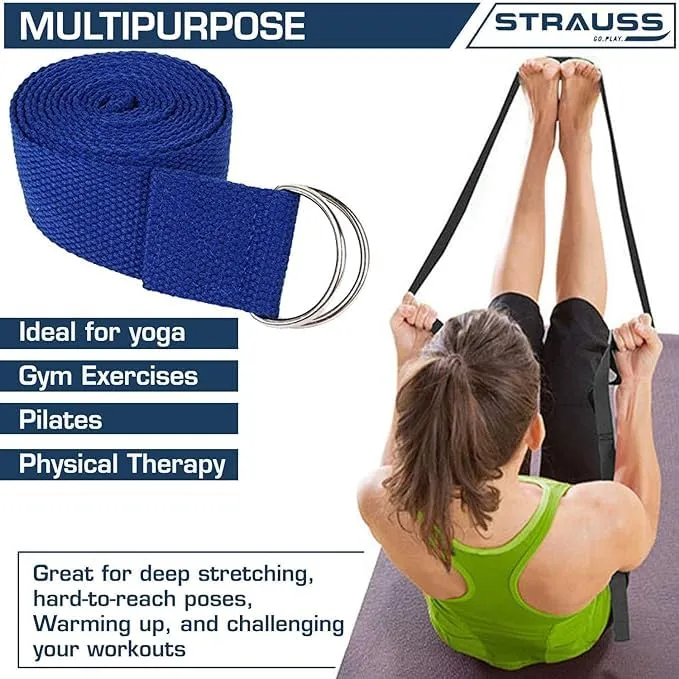 Strauss Yoga Strap & Stretching Belt | Ideal for Yoga, Pilates, Therapy, Dance, Gymnastics & Flexibility | 60% Thicker Belt with Extra Safe Adjustable Metal D-Ring Buckle | 8 feet (Blue) | Pack of 12