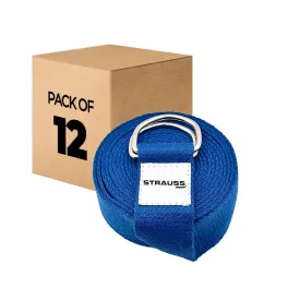 Strauss Yoga Strap & Stretching Belt | Ideal for Yoga, Pilates, Therapy, Dance, Gymnastics & Flexibility | 60% Thicker Belt with Extra Safe Adjustable Metal D-Ring Buckle | 8 feet (Blue) | Pack of 12