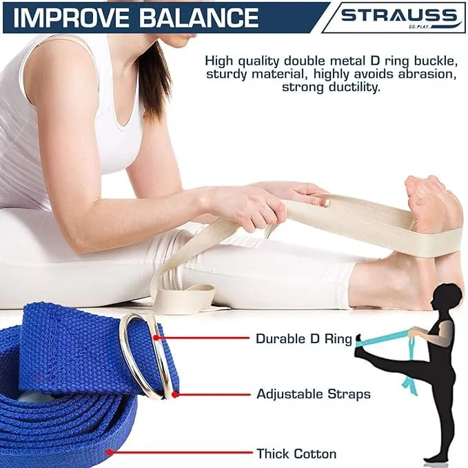 Strauss Yoga Strap & Stretching Belt | Ideal for Yoga, Pilates, Therapy, Dance, Gymnastics & Flexibility | 60% Thicker Belt with Extra Safe Adjustable Metal D-Ring Buckle | 8 feet (Blue) | Pack of 12