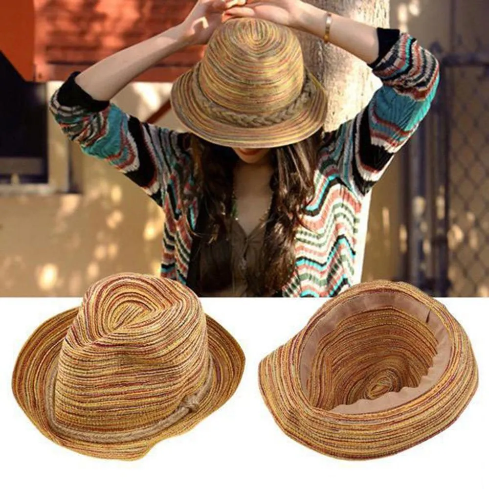 Straw Hat for Women Beach Hats Summer Sun Panama Wide Brim Floppy Fedora Cap UPF50 