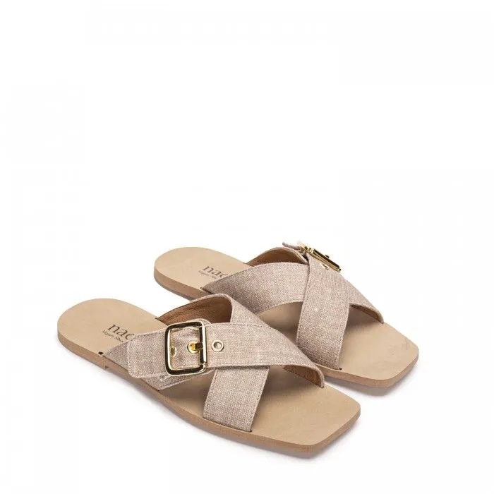 Tiara Cotton Vegan Flat Criss-Cross Sandals Beige