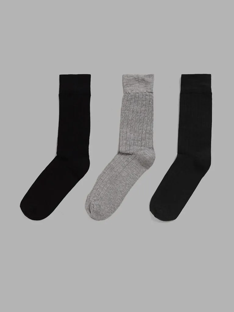 WES Lounge Emerald Grey Cotton Blend Full Length Socks - Pack of 3