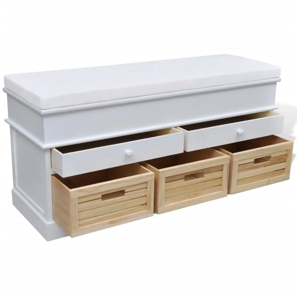 White Storage & Entryway Bench with Cushion Top 2 Draw 3 Crate