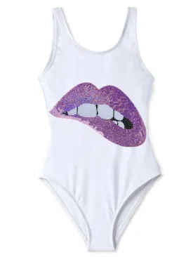 White Tank Swimsuit with Lip Sequin