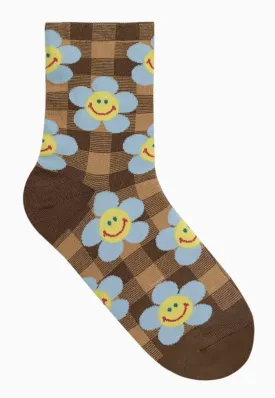 Women's Check Smile Flower Crew Socks -Brown