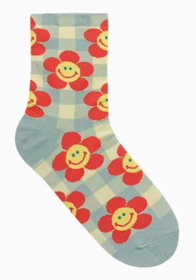 Women's Check Smile Flower Crew Socks -Mint