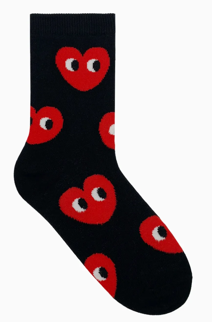 Women's Google Eyes In Hearts Crew Socks - Black