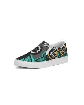 Womens Sneakers - Canvas Slip On Shoes, Green Butterfly Print