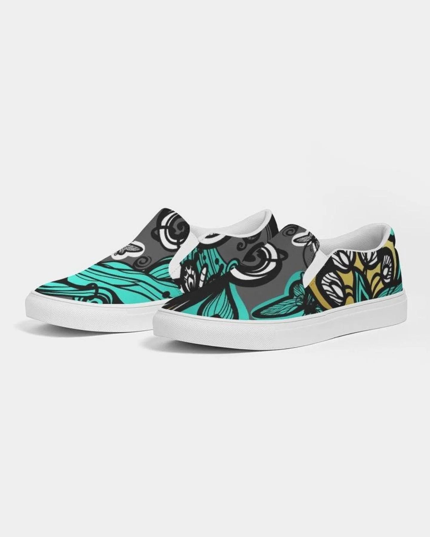 Womens Sneakers - Canvas Slip On Shoes, Green Butterfly Print